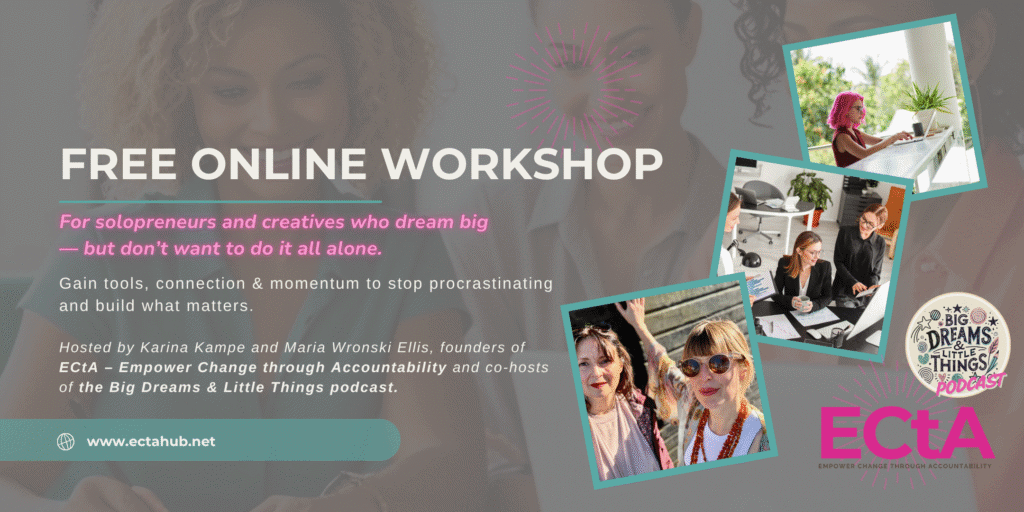 Workshop ad for solopreneurs, creatives and those that want to stop procrastinating and get to business