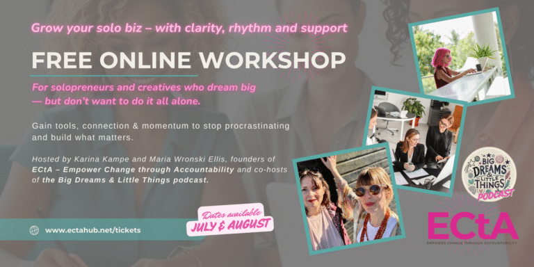 Banner ad for ECtAs upcoming Workshop where you can Grow your solo biz – with clarity, rhythm and support