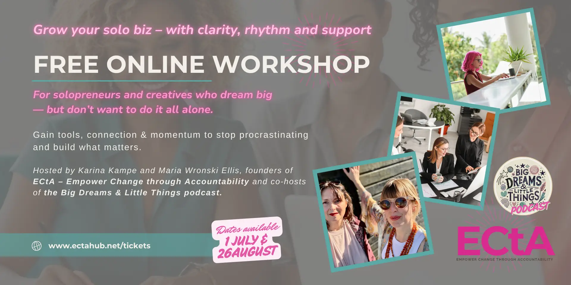 Banner ad for ECtAs upcoming Workshop where you can Grow your solo biz – with clarity, rhythm and support