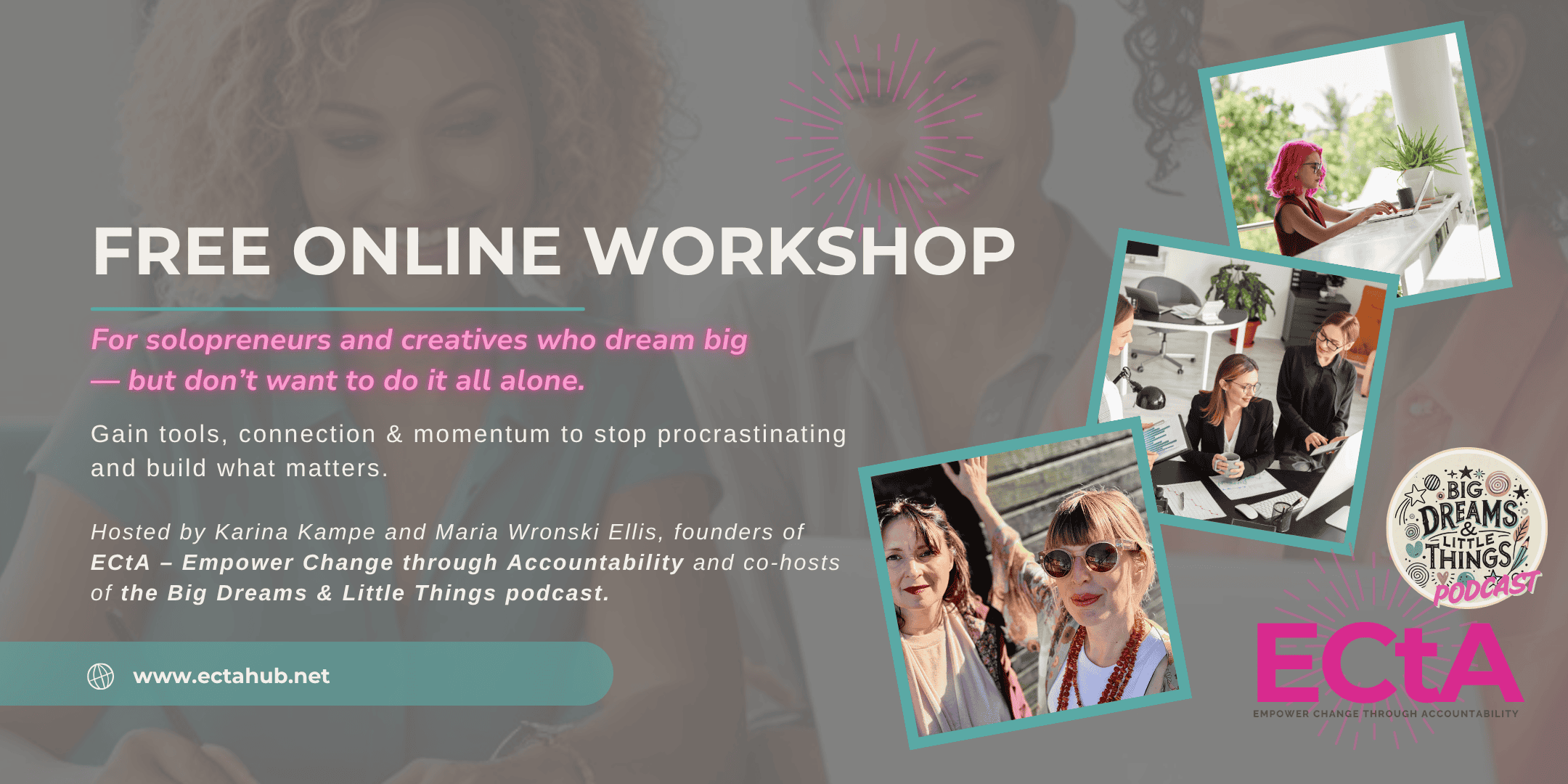 Workshop ad for solopreneurs, creatives and those that want to stop procrastinating and get to business