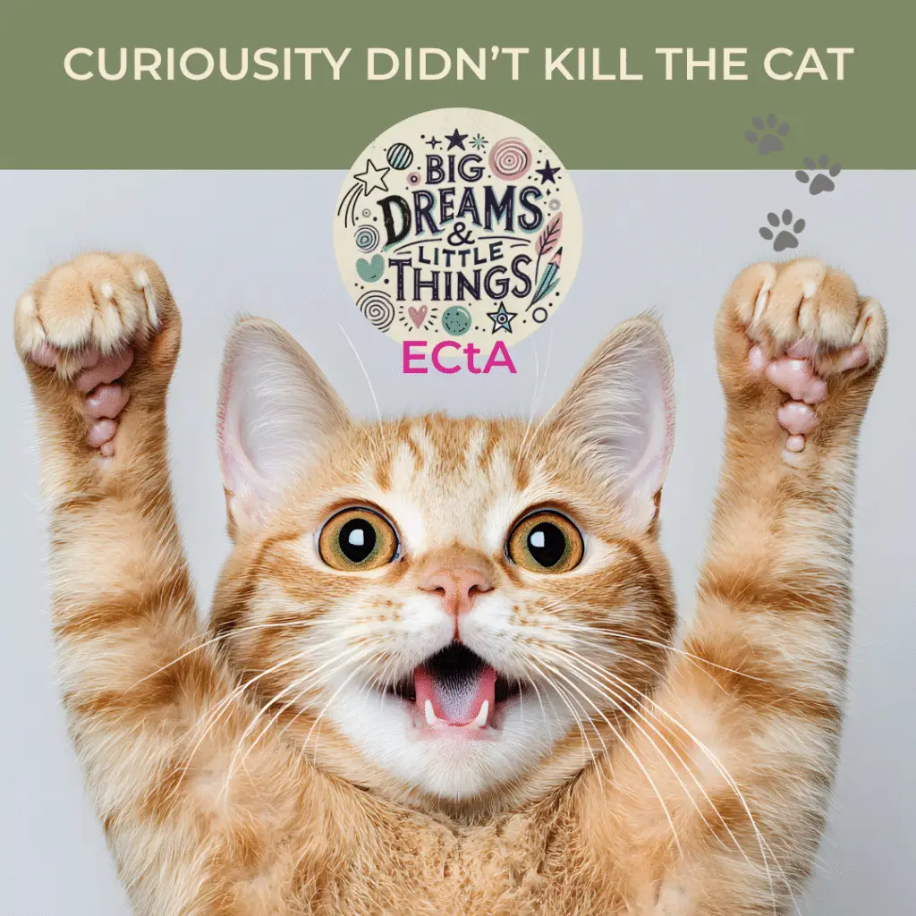 Curious Cat bouncing the logotype of Podcast Big Dreams & Little Things. Cover for Episode 13 - Curiosity Didn't Kill the Cat.